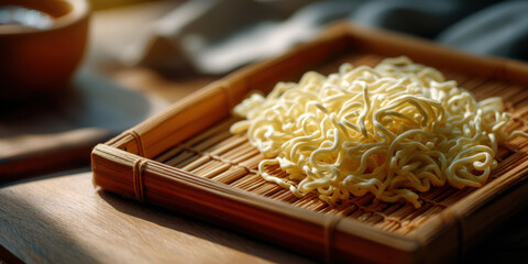 Instant ramen noodle pile on bamboo tray with warm natural light creating cozy mood