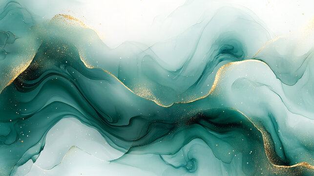 Marble green liquid watercolor background with gold wave pattern. Dusty grey emerald alcohol ink drawing effect with golden stains