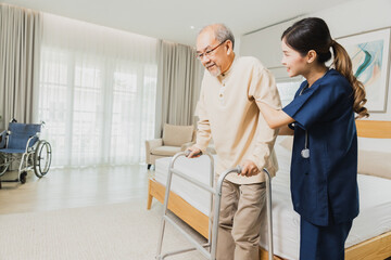 Obraz premium Happy woman nurse, daughter take care to sick old senior elderly patient in home or house in medical and healthcare treatment.