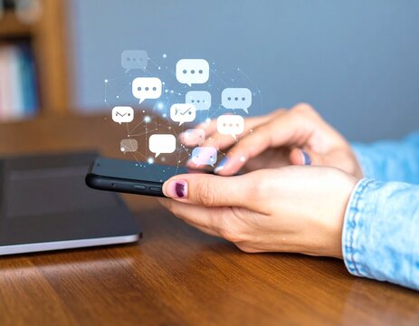 Person using a smartphone to send and receive messages with chat icons