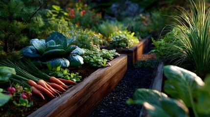 Vibrant Vegetable Garden at Sunrise with Fresh Carrots and Lush Greenery in a Natural Setting
