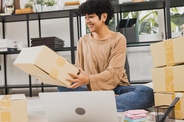 curly beautiful seller woman check order on laptop, teenager start up and working online