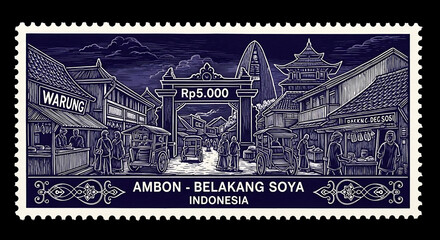 Obraz premium Vintage Indonesian Stamp Depicting a Traditional Ambon Street Scene at Night
