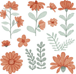 Watercolor element set of nature plants flowers on isolated background