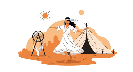 Obraz premium Bohemian Woman Dances Freely Near Dreamcatcher At Sunrise By Traditional Tent