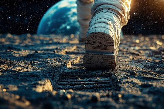Astronaut stepping on lunar surface with Earth visible in space