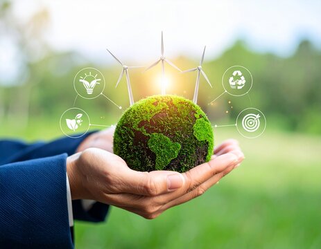 Person holding a mossy globe with wind turbines and eco icons in hands