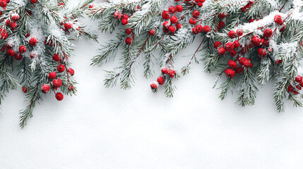 Christmas border with snow-covered fir branches and red berries on a white background, with space for text. This wide banner template is suitable for high-resolution use.