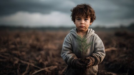 Child holding a sapling amidst a damaged landscape offering a glimmer of hope