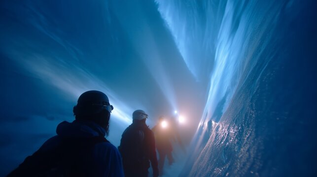 Adventurers explore a stunning ice cave illuminated by headlamps in a remote arctic region during twilight hours - Powered by Adobe