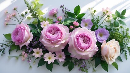 Pink roses and assorted flowers arranged in a bouquet with green leaves.