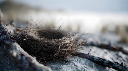 Obraz premium Abandoned bird nest on a weathered branch