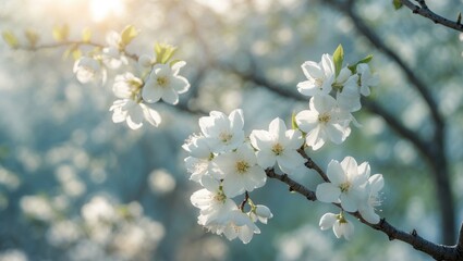 Fototapeta premium White cherry blossoms on a branch with soft sunlight in the background. Springtime, flowers, and nature.