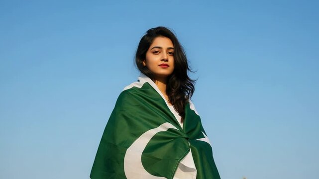 Patriotic young Pakistani woman draped in the national flag of Pakistan outdoors against a clear blue sky