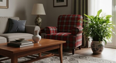 Cozy armchair with plaid near coffee table and plant in living room 