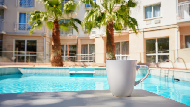 Relaxing Poolside A White Mug on a Table Overlooking a Swimming Pool with Palm Trees and a Building in the Background for a Tranquil Vacation Scene - Powered by Adobe