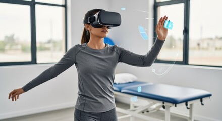 Doctor wearing vr headset is interacting with a futuristic medical interface, manipulating digital pills and medical data in a modern hospital room, showcasing innovative technology in healthcare