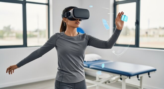 Doctor wearing vr headset is interacting with a futuristic medical interface, manipulating digital pills and medical data in a modern hospital room, showcasing innovative technology in healthcare