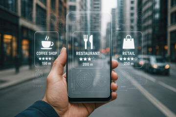 Hand holding smartphone augmented reality urban navigation image