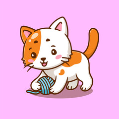 cute cat playing ball cartoon illustration. animal nature concept isolated