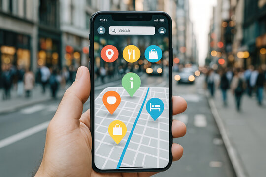 Hand holding smartphone displaying augmented reality map with location pins mobile app