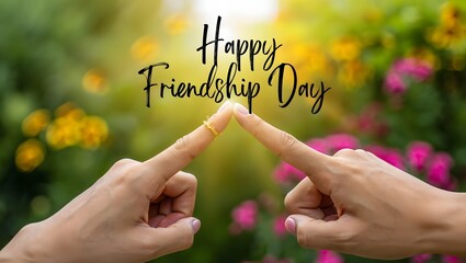 Two fingers touching with happy friendship day text overlay on a floral background