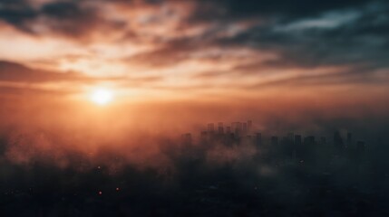 Obraz premium Hazy cityscape bathed in dramatic sunset glow