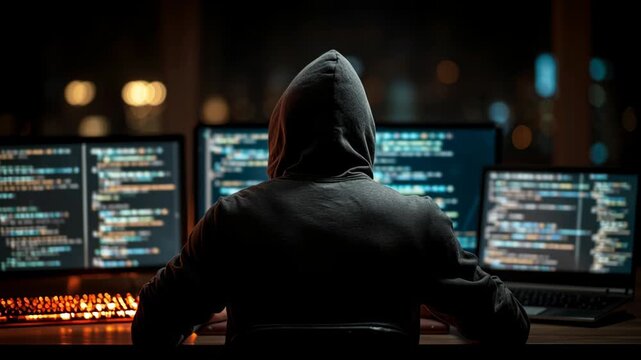 Hacker in dark room, wearing hoodie, focused on multiple computer screens displaying coding and cybersecurity data, creating tense atmosphere
