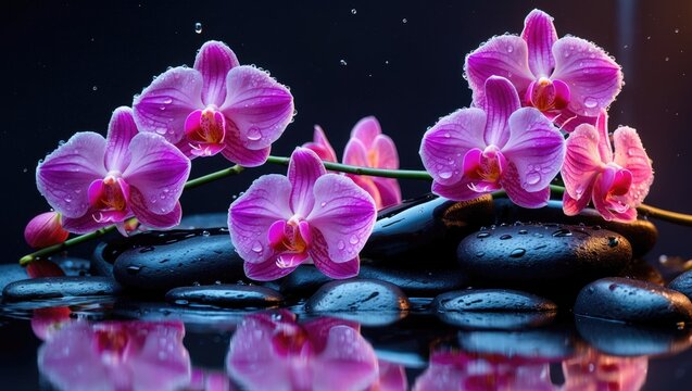 Vibrant pink orchids resting on smooth black stones with water droplets and reflections. Nature and floral beauty, concept. Wellness and relaxation. The concept of serenity and floral elegance
