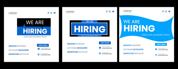 We are hiring recruitment open job vacancy design vector social media post banner template or web banner layout Modern and creative hiring square banner template design for social media post