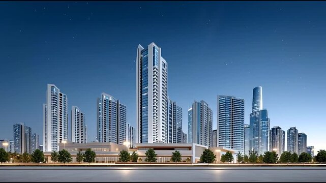 Modern Cityscape at Night: A modern cityscape, with a collection of skyscrapers and buildings bathed in the deep blue night sky, portraying the urban beauty and the architecture.