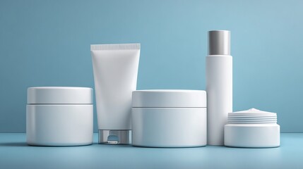 white cosmetic jars and tubes on blue background

