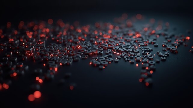 Abstract Dark Background with Glowing Numbers and Letters: Data, Technology, and Digital Concept