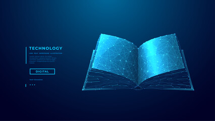 Abstract Digital Polygonal Opened Book on Technology Blue Background. Online Education or Internet Library Concept. Knowledge Futuristic Vector Illustration. Ebook in Low Poly Wireframe Style.