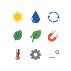 Illustration depicting various environmental and scientific concepts: sun, water droplet, recycling arrows, leaves, magnet, thermometer, gear, and motion.