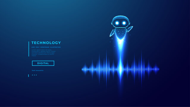 Abstract AI Voice Agent or Robot Launch Over Sound Wave Blue on Technology Background. Futuristic Low Poly Wireframe Vector illustration. Light Bright Sound Wave Neon Icon. Digital Vector Illustration