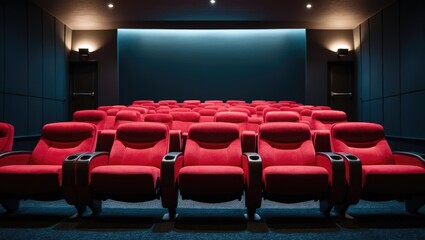 Fototapeta premium A movie theater with red seats and dark walls, viewed from the front, featuring a large screen and dim lighting.