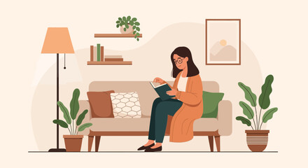 Fototapeta premium Cozy Reading Scene Woman Enjoying Book On Couch In Relaxing Interior