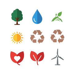 Naklejka premium A collection of nine colorful environmental icons representing nature, recycling, renewable energy, and sustainability on a white background.