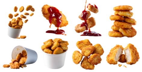 Set of Golden brown Chicken nuggets, breaded battered deep-fried baked, takeaway bucket, with ketchup ranch sauce dip, stack broken bitten pieces, isolated transparent cutout PNG. Mockup template	
