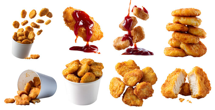 Set of Golden brown Chicken nuggets, breaded battered deep-fried baked, takeaway bucket, with ketchup ranch sauce dip, stack broken bitten pieces, isolated transparent cutout PNG. Mockup template	
