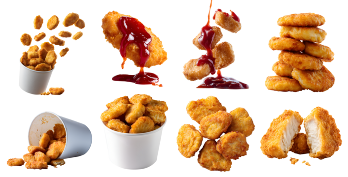 Set of Golden brown Chicken nuggets, breaded battered deep-fried baked, takeaway bucket, with ketchup ranch sauce dip, stack broken bitten pieces, isolated transparent cutout PNG. Mockup template	
