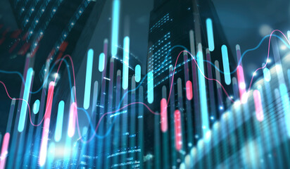 Investing Forex concept. Growing stock market candlestick and graphs on modern skyscraper