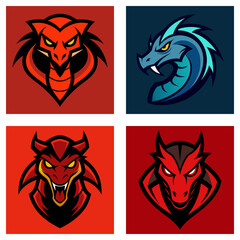 Collection of four dragon and snake mascot logo designs in various colors and styles for branding needs