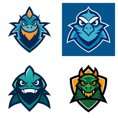 Collection of four cartoon mascot logos featuring stylized animals in vibrant color schemes and shield shapes