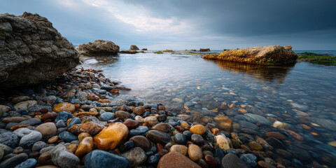 Calm rocky coast at dusk with gentle tides and smooth multicolored stones under cloudy sky creating peaceful atmosphere