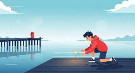 Celebrating Summer Holiday With Sparkling Lights On a Lakeside Pier Moment