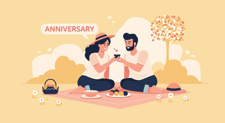 Fototapeta premium Celebrating Sweet Anniversary At Picnic Under Shady Tree With Loving Couple In Nature