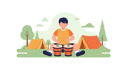 Boy Playing Drums In Campground Flat Design Illustration Vector