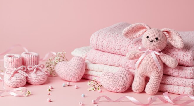 Baby girl items and accessories isolated on pink background with copy space. Cute newborn clothes, toy and pacifier. Concept for a baby shower or birth announcement.